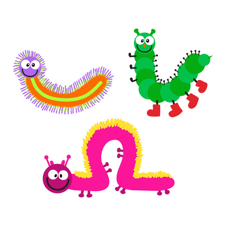 Cute hand drawn crawling caterpillar tree insect element funny little bug. Nature larva caterpillar wildlife bug vector illustration. Cartoon caterpillars cute character different animal worm.のイラスト素材