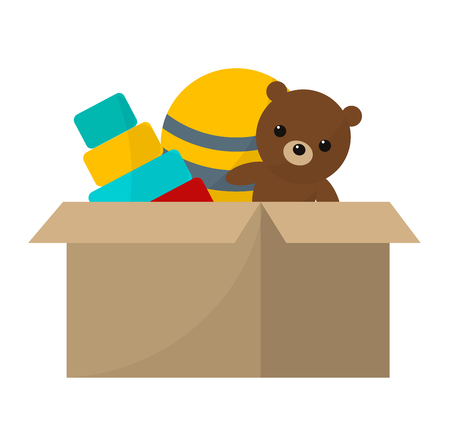 Toys collection isolated on white background. Play adorable animal brown bear collection toys. Colorful teddy toys rubber gift ball vector illustration. Preschool gifts playground concept.のイラスト素材