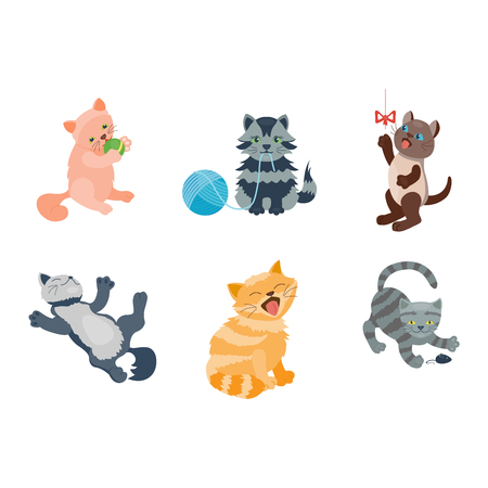 Cats collection vector silhouette. Cute domestic cats different animals. Different cats young adorable tail symbol playful paw. Cartoon funny standing drawing domestic pussy characters set.のイラスト素材