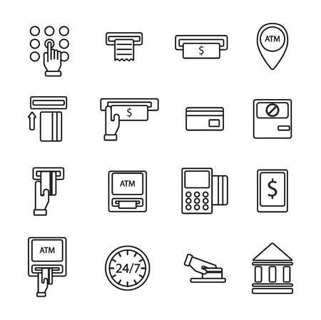 Finance atm and business vector payment card icon set. ATM icons exchange technology payment machine. Finance cash bank card atm icons credit sign banking currency symbol set.のイラスト素材