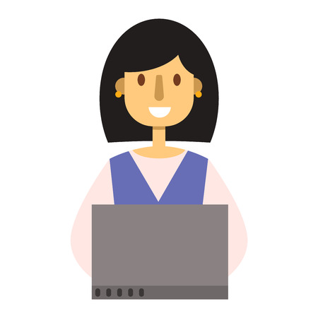 Woman working on laptop computer technology internet person vector character. Happy casual laptop girl working communication. Modern lifestyle business working laptop girl education leisure.のイラスト素材