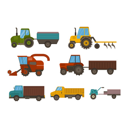 Set of different types of agricultural vehicles and harvester machine, combines and excavators. Icon set agricultural harvester machine with accessories for plowing, mowing, planting and harvesting.のイラスト素材