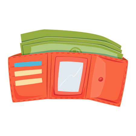 Purse leather open wallet with money shopping. Shopping buy change business currency leather purse wallet. Financial one payment bag accessory object purse trendy wallet vector.のイラスト素材