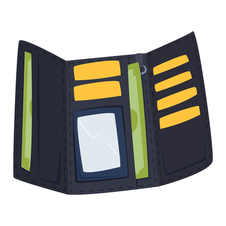 Purse leather open wallet with money shopping. Shopping buy change business currency leather purse wallet. Financial one payment bag accessory object purse trendy wallet vector.のイラスト素材