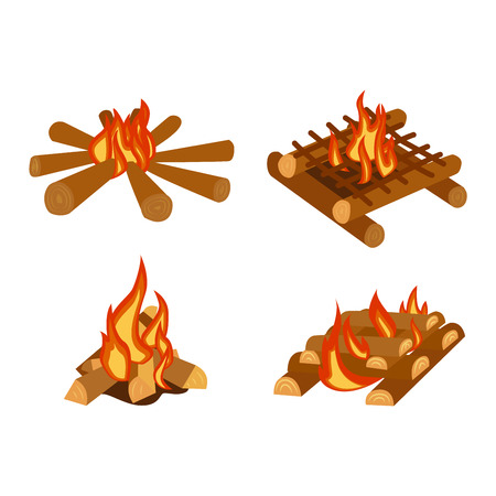 Isolated illustration of campfires logs burning bonfires. Bonfires on white background. Vector bonfire isolated and wood explosion glowing bonfire isolated. Red nature burning blazing power vector.のイラスト素材