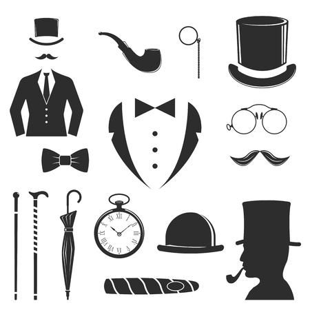 Hipster vector design set fashion hipster label. Retro people old mustache vintage style beard gent icons. Barber gent icons trend funny mister gentleman party black vector silhouette.のイラスト素材