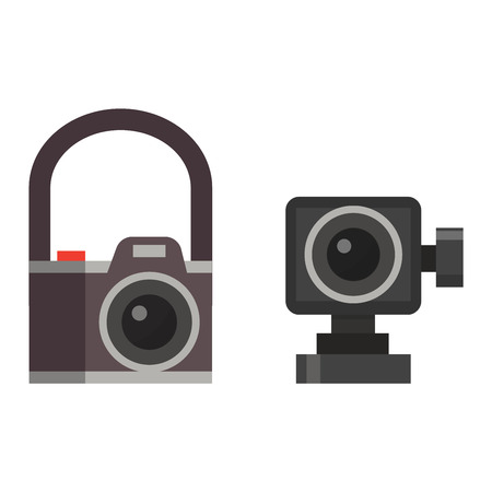 Modern photo camera and digital film photo camera on tripod. Flat photo camera shutter creative optical classic cam. Digital flat photo camera isolated technology vector.のイラスト素材