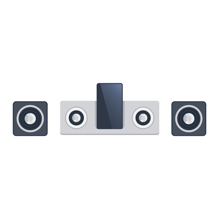 Home sound system. Home stereo flat vector music systems for music lovers. Loudspeakers player receiver subwoofer remote music systems for listening to music. Loudspeakers stereo equipment technology.のイラスト素材