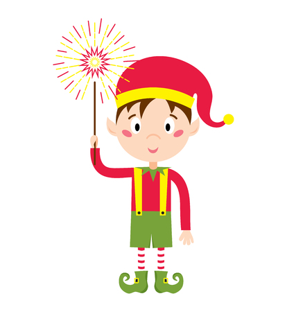 Santa Claus kid cartoon elf helper vector illustration. Santa Claus elf helper children. Santa helper traditional costume. Santa family elf isolated on background. Santa Claus elf, christmas kidのイラスト素材