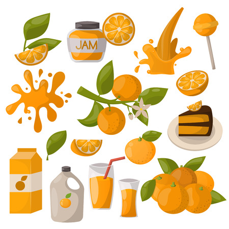 Ripe orange products fruits and slices with leaf isolated on white background. Realistic orange products vector illustration. Citrus natural orange products vitamin fresh juice dessert sweet food.のイラスト素材