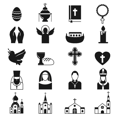 Vector black religion icon set. Cross christianity god church religion icons religious bible set. Christian jesus silhouette isolated religion icons traditional dove candle star black symbol.のイラスト素材