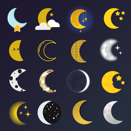 Phases of the moon vector nature cosmos cycle satellite surface. Whole cycle from new moon month to full surface star astrology sphere. Vector illustration moon month astronomy space lunar.のイラスト素材