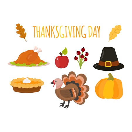 Vector collection of nine thanksgiving decoration elements. Happy thanksgiving lettering items invitation. Thanksgiving printable items with autumn leaves. Thanksgiving card seasonal design.のイラスト素材