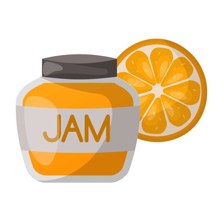 Glass jar with orange jam isolated on white background. Preserve fruity dessert confiture color fruit conserved orange jam jar. Dessert marmalade healthy ingredient jam jar vector.のイラスト素材