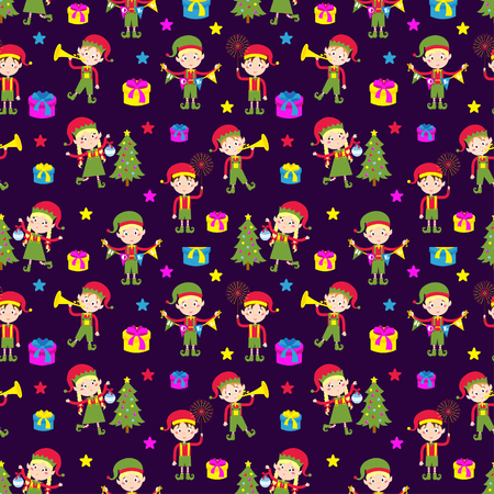Santa Claus kids cartoon elf helpers seamless pattern vector illustration. Santa Claus elf helpers children. Santa helpers traditional costume. Santa family elfs isolated. Santa Claus elf kidsのイラスト素材