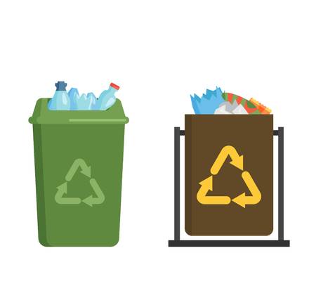 Trash bin garbage container and trash bin recycle symbol vector. Garbage trash bin flat vector isolated on white background. Full trash binのイラスト素材