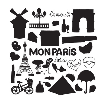 Icons set Paris cuisine and traditional modern culture. Europe Eiffel Paris icons fashion wine building design architecture. Famous travel love Paris icons monument capital landmark.のイラスト素材