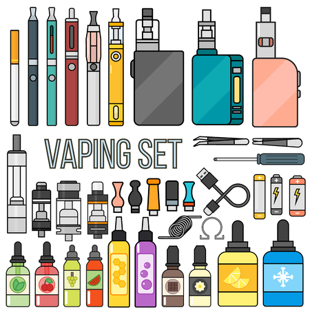 Vape device vector set cigarette vaporizer. Vapor juice vape bottle flavor illustration battery coil. vapor trend new culture electronic nicotine liquid. Smoking vaping set atomizer device eliquid.のイラスト素材