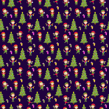 Santa Claus kids cartoon elf helpers seamless pattern vector illustration. Santa Claus elf helpers children. Santa helpers traditional costume. Santa family elfs isolated. Santa Claus elf kidsのイラスト素材