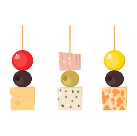 Set kinds of festive snacks canapes prepared isolated sandwich meat dish. Fresh banquet canape snacks meal gourmet bread party delicious vector. Tasty restaurant catering starter lunch canape snacks.のイラスト素材