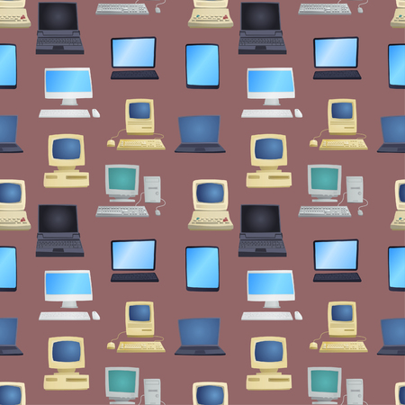 Old omputer technology vector isolated. Telecommunication equipment old vintage pc monitor frame computer modern office network. Old computer device electronic equipment space.のイラスト素材