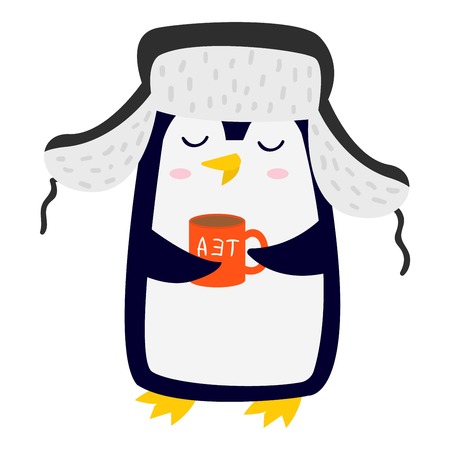 Penguin vector illustration character with tea cup. Cartoon funny penguin cute character isolated. Penguin vector cute bird posing. Holiday penguin holding tea cupのイラスト素材