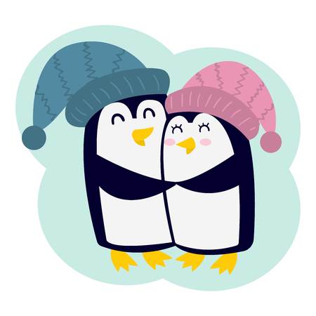 Penguin couple vector illustration character. Cartoon funny penguin cute character isolated. Penguin vector cute bird posing. Holiday penguin couple fall in loveのイラスト素材
