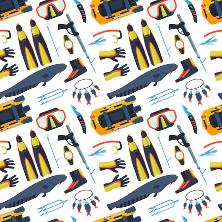 Set of equipment with flat elements for diving and spearfishing in sea rivers and lakes. Spearfishing underwater sea diver equipment. Vector professional hunter spearfishing diving equipment.のイラスト素材