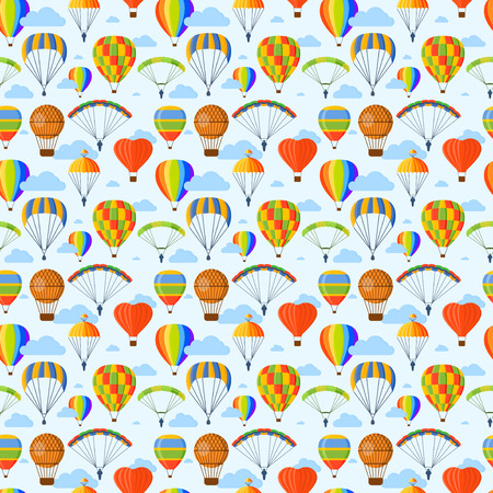 Illustration with different aerostats flat icons cartoon graphic. Modern balloon aerostat transport sky hot fly adventure journey and old vector air ballon travel transportation flight airship.のイラスト素材