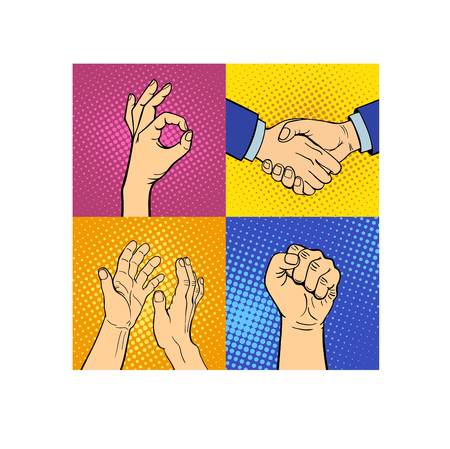 Human hands popart style different pose emotions and signal human fingers. Human hands isolated. Silhouette of hands showing symbols finger thumb vector illustration. Human emotions symbolsのイラスト素材