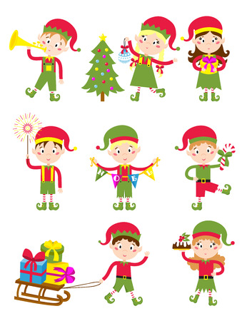 Santa Claus kids cartoon elf helpers vector illustration. Santa Claus elf helpers children. Santa helpers traditional costume. Santa family elfs isolated on background. Santa Claus elf, christmas kidのイラスト素材