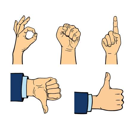 Human hands different pose emotions and signal human fingers. Human hands isolated. Silhouette of hands showing symbols finger thumb vector illustration. Human emotions symbolsのイラスト素材