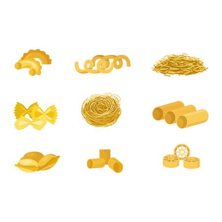 Different types of pasta. Whole wheat pasta, pasta, corn, rice noodles. Kitchen yellow nutrition dinner pasta products. Cooking spaghetti italy traditional ingredient pasta products.のイラスト素材