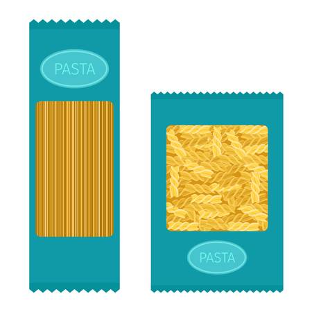 Different types of pasta. Whole wheat pasta, pasta, corn, rice noodles. Kitchen yellow nutrition dinner pasta products. Cooking spaghetti italy traditional ingredient pasta products.のイラスト素材