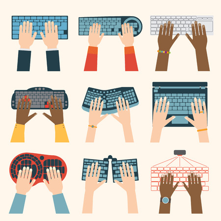 Users hands on keyboard and mouse of computer. Desk office worker keyboard hands concept. Computer, internet, typing. Flat style design keyboard hands vector illustration. Modern conceptのイラスト素材