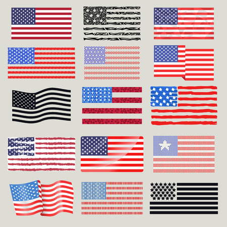 Independence day USA flags. Set of United States american symbol flag USA. American flag set freedom national sign. Wavy USA flag patriotic banner american wavy shape celebration holiday symbol.のイラスト素材