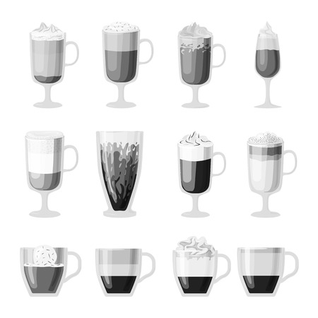 Coffee cups different cafe drinks types espresso mug with foam beverage breakfast morning sign vector. Coffee cups breakfast and morning coffee cups. Coffee cups with foam, different foam coffee.のイラスト素材