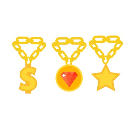 Gold necklace decoration treasure isolated on white. Luxury fashion gem precious royalty jewelery chain. Glamour diamond stone expensive sign vector illustration.のイラスト素材