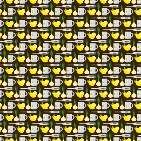 Flu influenza seamless pattern. Collection of vector patches influenza cold winter themed design elements trendy design. Health medical disease and medical flu season themed patchwork.のイラスト素材