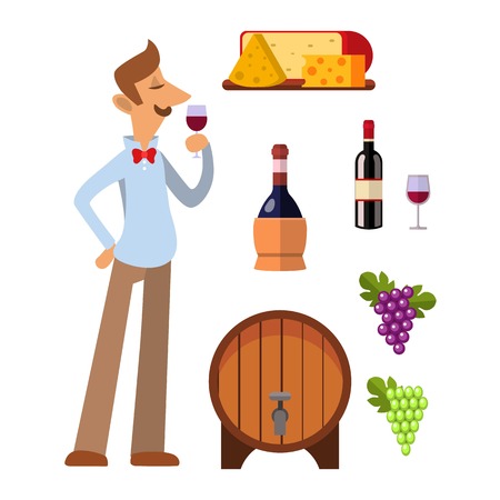 Winery making vintage harvest cellar vineyard glass beverage industry. Alcohol production how wine is made elements infographic. Process natural product machine food vector.のイラスト素材