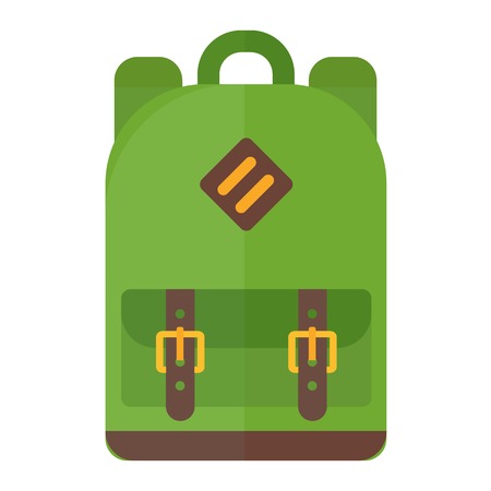 Kids school bag isolated on white background. Cartoon style backpack handle strap sack, textile rucksack equipment. Educational full schoolbag adventure vector.のイラスト素材