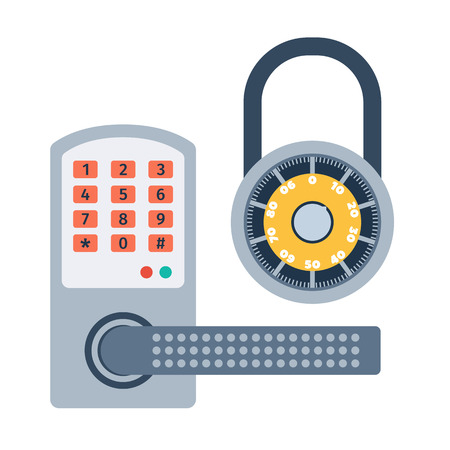 Lock icons set and security protection. Safety password sign privacy element and access shape open. Private safeguard modern firewall equipment vector collection.のイラスト素材