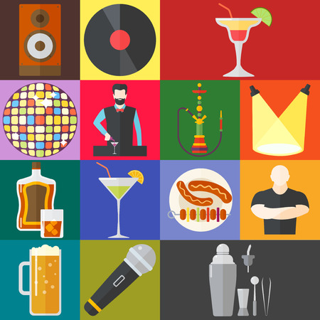 Night club colorful interior sign of bright beautiful party symbols. Event show entertainment music nightlife, clubbing vector dance elements. Colorful decoration illumination.のイラスト素材