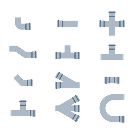 Details pipes different types collection. Vector set of water tube industry, gas valve construction. Oil industrial pressure technology plumbing. Steel factory engineering.のイラスト素材