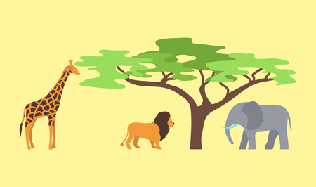 Baobab tree and wild animals isolated on white vector illustration.のイラスト素材