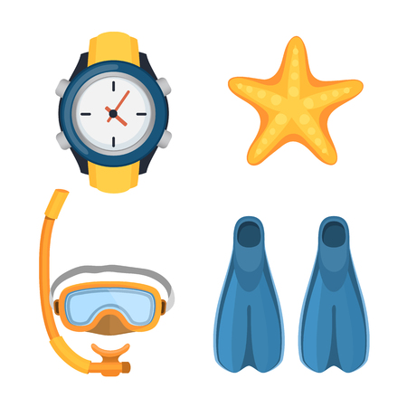 Snorkeling or scuba fins or flippers isolated on white. Underwater swimming deep professional shoe exercise. Water sport footwear equipment vector clock and starfish.のイラスト素材