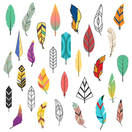 Tribal flat feather different style bird vintage colorful ethnic set and isolated hand drawn element decorative drawing nature quill painting vector illustration.のイラスト素材