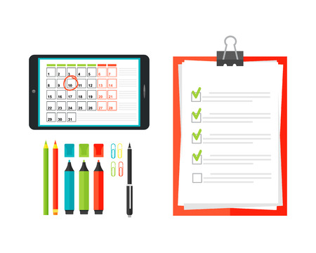 Agenda list concept vector illustration. Business paper clipboard in flat style. Self-adhesive notes color hand article. Important template advice page.のイラスト素材