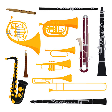 Musical wind instruments isolated on white background blow blare studio acoustic and shiny musician equipment orchestra trumpet vector illustration.のイラスト素材