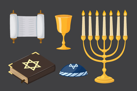 Judaism church traditional symbols icons set isolated hanukkah religious design and synagogue passover torah menorah holiday jew vector illustration.のイラスト素材